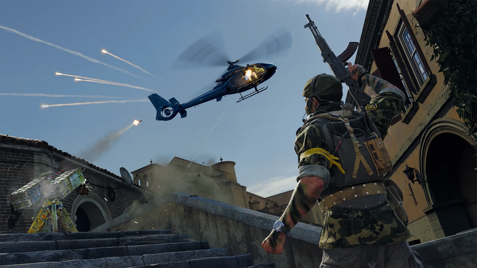 Image of Operator cheering as the Chopper Gunner helicopter is being targeted by the SAM Turret.