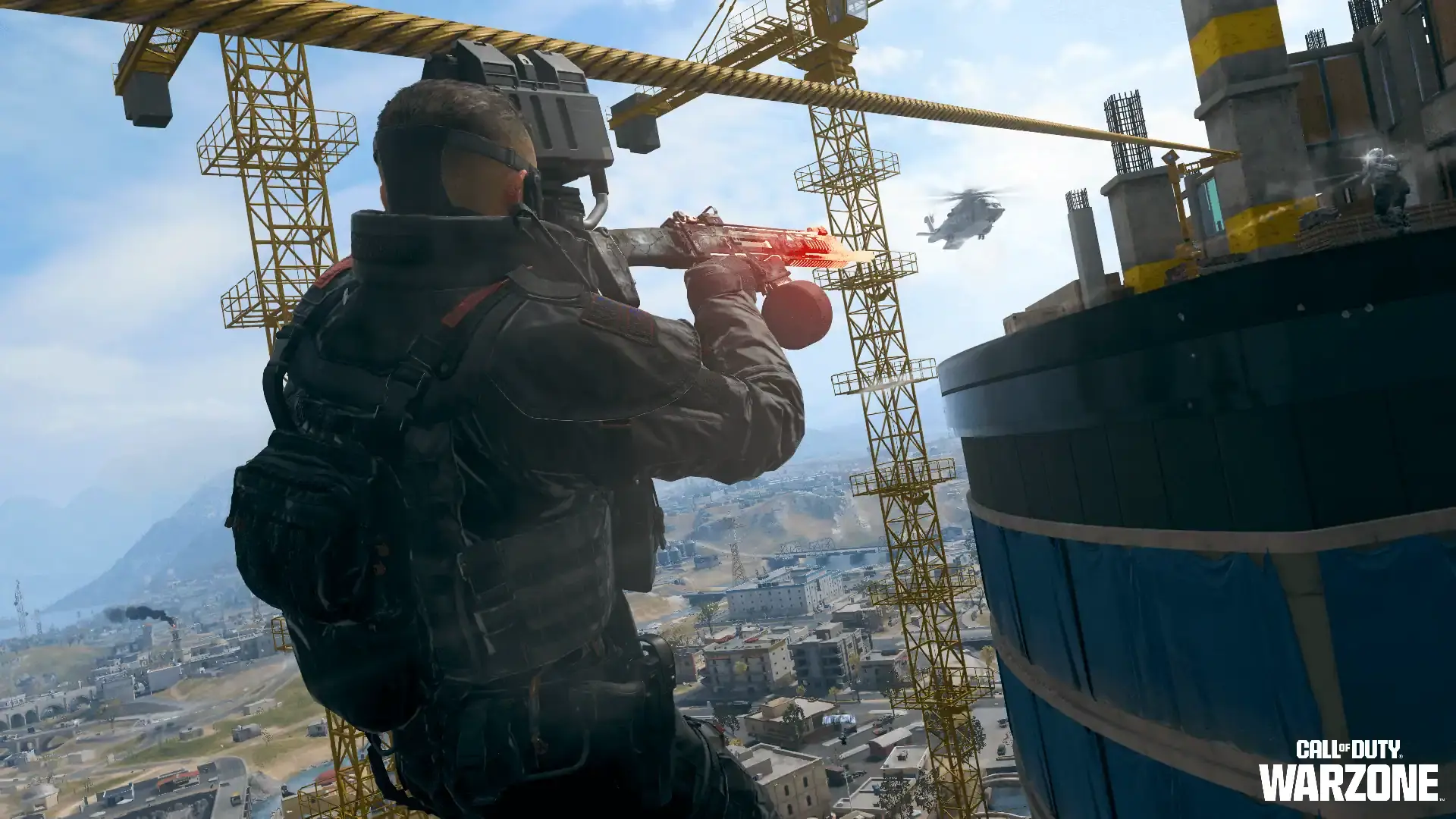 Operator taking a zip-line to a rooftop