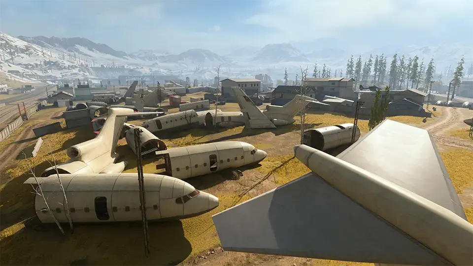 Numerous scrapped planes on ground level