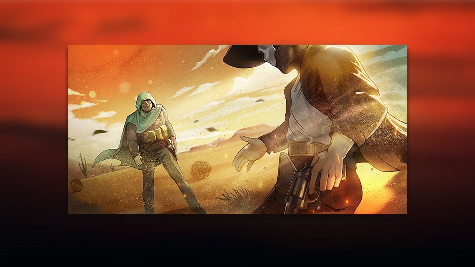 Loading screen of cowboys doing a showdown