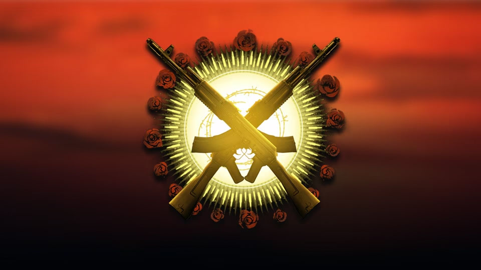 Animated emblem of cross guns with roses around